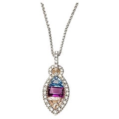 14K White Gold Amethyst Topaz Sapphire Diamond Necklace Pendant