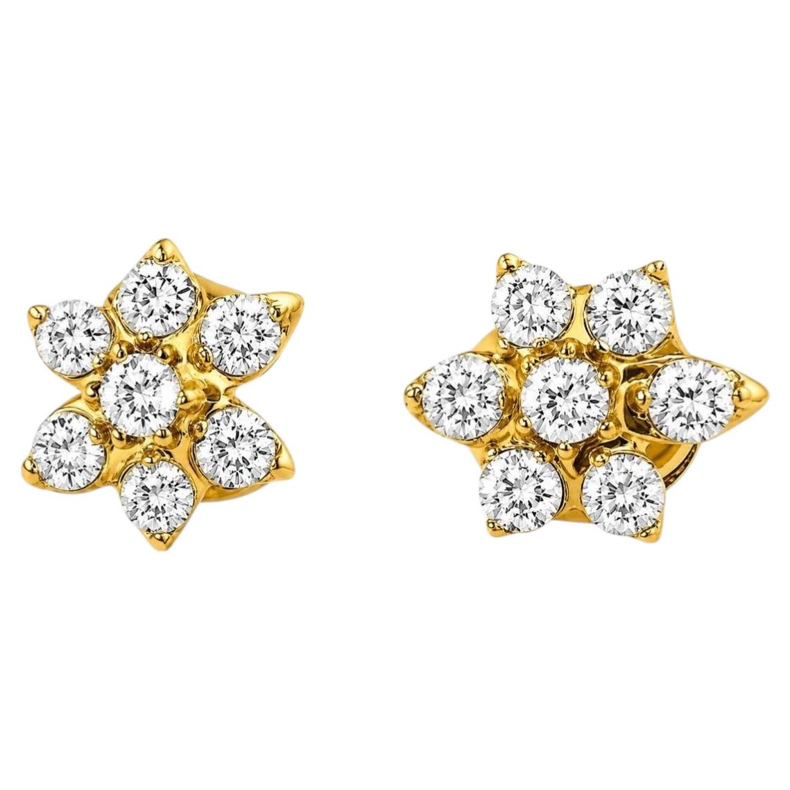 14K Yellow Gold Diamond Floral Stud Earrings For Sale