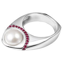 18K White Gold Cultured Pearl Pink Sapphire Cocktail Ring Estate