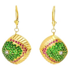 14K Yellow Gold Diamond Sapphire Fishes Earrings