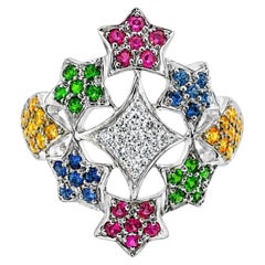 18K White Gold Diamond Multi Color Sapphire Stars Cocktail Ring