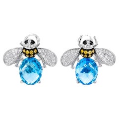 14K White Gold Blue Topaz Bumblebee Diamond Earrings