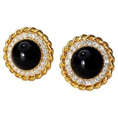 14K Yellow Gold Cabochon Onyx Halo Diamond Handmade Earrings