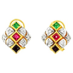 18K Yellow Gold Ruby Emerald Sapphire Diamond Earrings