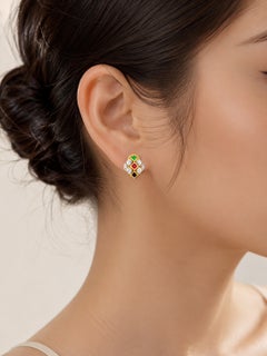 18K Yellow Gold Ruby Emerald Sapphire Diamond Earrings