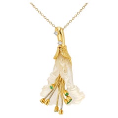 18K Yellow Gold Diamond Emerald Floral Pendant Necklace Slide