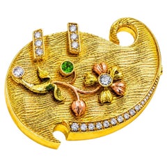 14K Yellow Rose Green Gold Diamond Garnet Brooch Pin Antique Estate