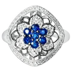 14K White Gold Sapphire Diamond Antique Floral Flower Ring