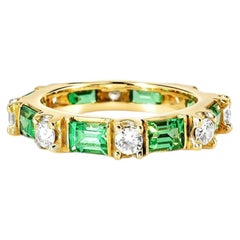 14K Yellow Gold Diamond Emerald Eternity Wedding Ring Band