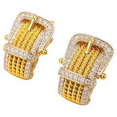 14K Two Tone Gold Estate Diamond Buckle French Clip Earrings