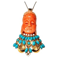 18K Yellow Gold Carved Coral Diamond Turquoise Brooch Pin Pendant