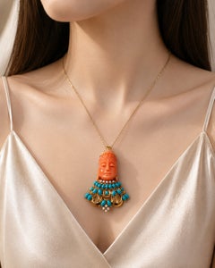 18K Yellow Gold Carved Coral Diamond Turquoise Brooch Pin Pendant