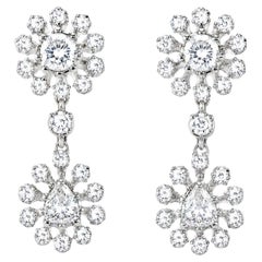 18K White Gold Diamond Floral Drop Antique Earrings Estate