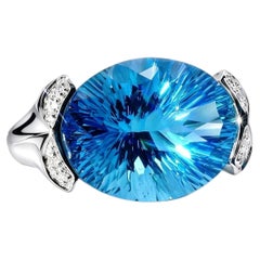 14K White Gold Huge Blue Topaz Diamond Ring