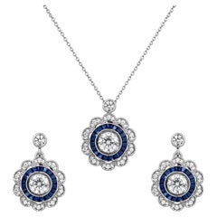 18K White Gold Diamond Sapphire Pendant Necklace Earrings Set