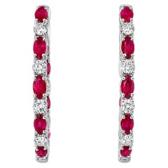 14K White Gold Diamond Ruby Hoop Earrings