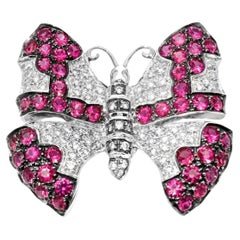 18K White Gold Ruby Pave Diamond Butterfly Brooch Pin