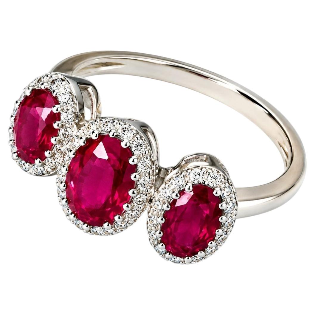 14K White Gold Diamond Ruby 3 Stone Band Ring