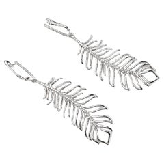 14K White Gold Diamond Designer Feather Dangle Drop Earrings