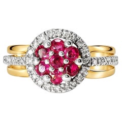 14K Two Tone Gold Ruby Diamond Floral Ring Band