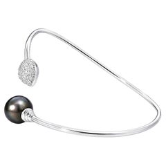 14K White Gold Diamond Tahitian Black Pearl Bangle Bracelet
