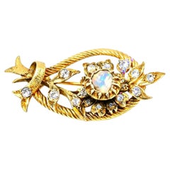 14K Yellow Gold Flower Floral Raw Diamond Antique Brooch Pin