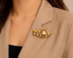 14K Yellow Gold Flower Floral Raw Diamond Antique Brooch Pin