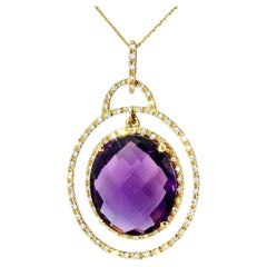 14K Yellow Gold Amethyst Diamond Drop Pendant Necklace