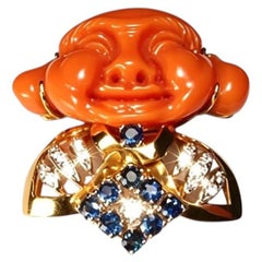 18K Yellow Gold Carved Red Coral Buddha Diamond Sapphire Pendant Pin