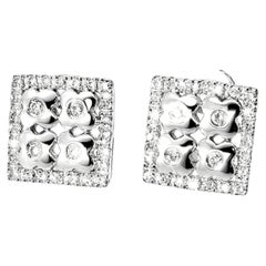14K White Gold Micro Pave Diamond Square Flower Earrings