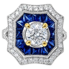 18K White Gold Sapphire Solitaire Diamond Art Deco Handmade Engagement Ring