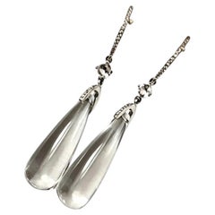 14K White Gold Estate Diamond & Green Amethyst Cabochon Dangle Earrings