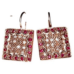 14K Pink Gold Rose Cut Diamond Ruby Dangle Drop Earrings