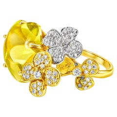 18K Tri Color Gold Diamond Cabochon Lemon Quartz Floral Ring