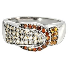 14K White Gold Garnet Champagne Diamond Belt Buckle Band Ring