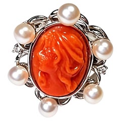 14K White Gold Filigree Coral Cameo Diamond Seed Pearl Ring