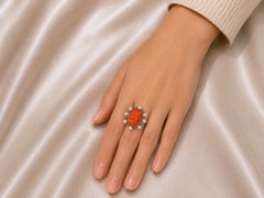 14K White Gold Filigree Coral Cameo Diamond Seed Pearl Ring