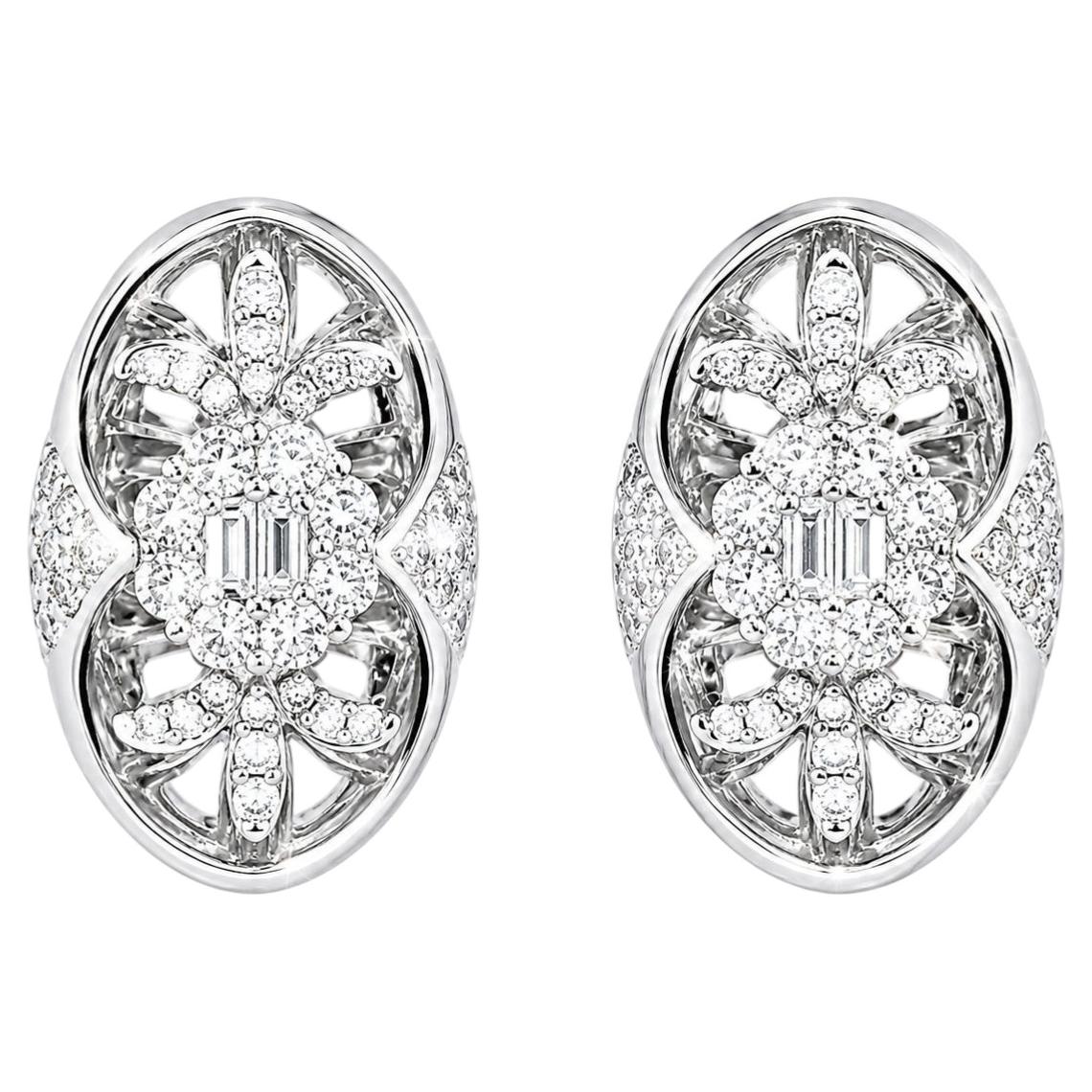 18K White Gold Diamond Floral Designer Earrings For Sale