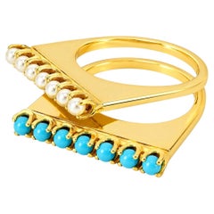 14K Yellow Gold Turquoise & Seed Pearl Dual Band Ring