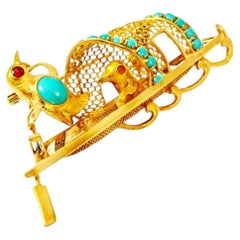 14K Yellow Gold Ruby Turquoise Lovebirds Boat Brooch Pin