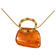 14K Yellow Gold Amber Peridot Smokey Quartz Pendant Necklace Estate