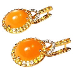 14K Yellow Gold Orange Chalcedony Diamond Citrine Earrings