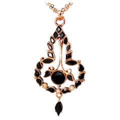 14K Pink Rose Gold Black Onyx Seed Pearl Mourning Pendant Slide