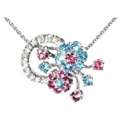 18K White Gold Tourmaline Topaz Diamond Floral Necklace