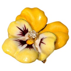14K Yellow Gold Victorian Enamel Diamond Pansy Flower Pendant Brooch Vintage