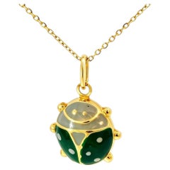 18K Yellow Gold Enamel Ladybug Pendant Necklace Slide