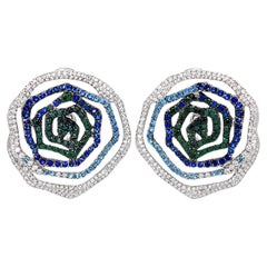 18K White Gold Diamond Sapphire Floral Designer Earrings