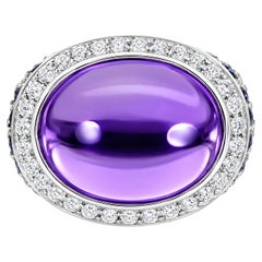 14K White Gold Diamond Cabochon Amethyst Sapphire Ring