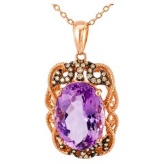 14K Pink Rose Gold Diamond Amethyst Filigree Pendant Necklace