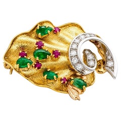 18K Yellow White Gold Diamond Ruby Green Jadeite Brooch Pin Antique Estate